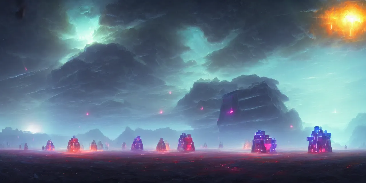 Image similar to a fleet of giant glowing futuristic cubes tied to each other with chains in the sky, a fantasy magical landscape seen in the distance, atmospheric lighting, intricate, volumetric lighting, beautiful, sharp focus, ultra detailed, in the art style of marc simonetti, bowater charlie and brom gerald, astrophotography