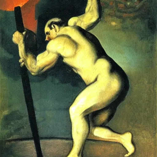 Image similar to a painting of benjamin netanyahu as sisyphus, by franz stuck