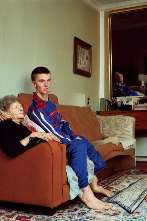 Image similar to portrait of russian athlete young man posing in his grandparents living room, his grandmother sitting on the sofa by a carpet on the wall, 1987, norman rockwell