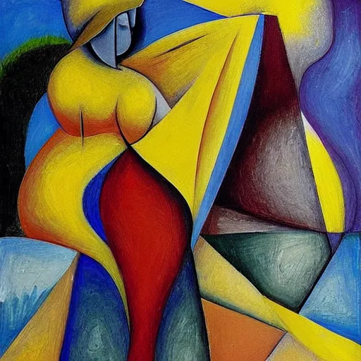 Image similar to woman in glorious robes rose up vast as the skies, old as the mountains and formless as starlight to shelter the precious memories, matter, messages, abstract art in the style of cubism and georgia o keefe