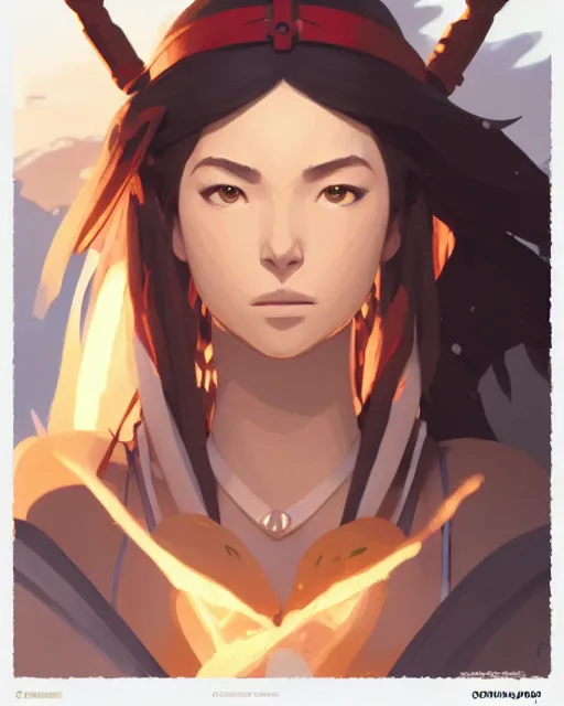 Image similar to corinna kopf as an azctec warrior, detailed perfect face, exquisite details, fire magic, mid view, design on a white background, by studio muti, greg rutkowski makoto shinkai takashi takeuchi studio ghibli