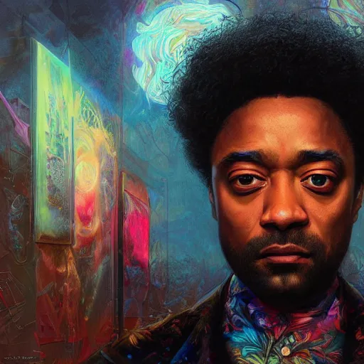 Image similar to portrait of chiwetel ejiofor, hyper detailed masterpiece, neon floral pattern, jean giraud, digital art painting, darkwave goth aesthetic, psychedelic, artgerm, donato giancola and tom bagshaw