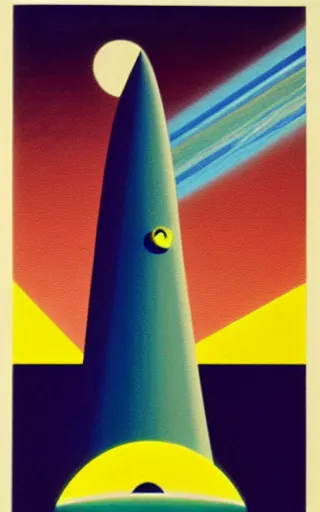 Prompt: poster of a spaceship flying through the galaxy with a planet visible above, thin border, 1950s art deco, retrofuturism, edward hopper,