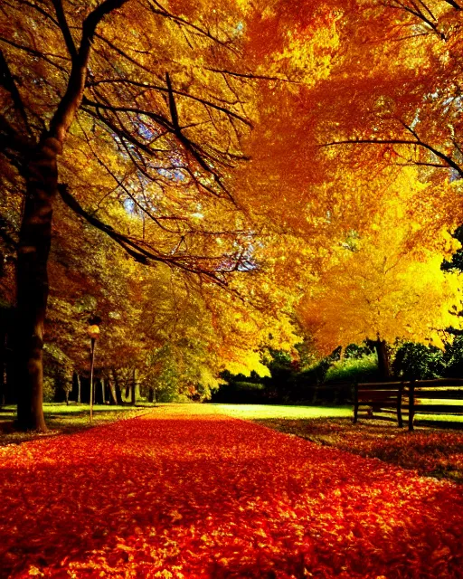 Prompt: Golden autumn, Spreads out Spreads out the leaves, Colorful leaves are lying on the ground, colorful autumn trees, red-yellow colors, carpet, light, peaceful, calm, serene, soothing, relaxed, placid, comforting, cosy, tranquil, quiet,pastel, delicate, graceful, subtle, balmy, mild, ethereal, elegant, tender, soft, light