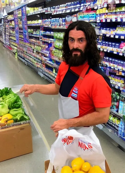 Image similar to jesus looking nervous bagging groceries on a hot day at walmart