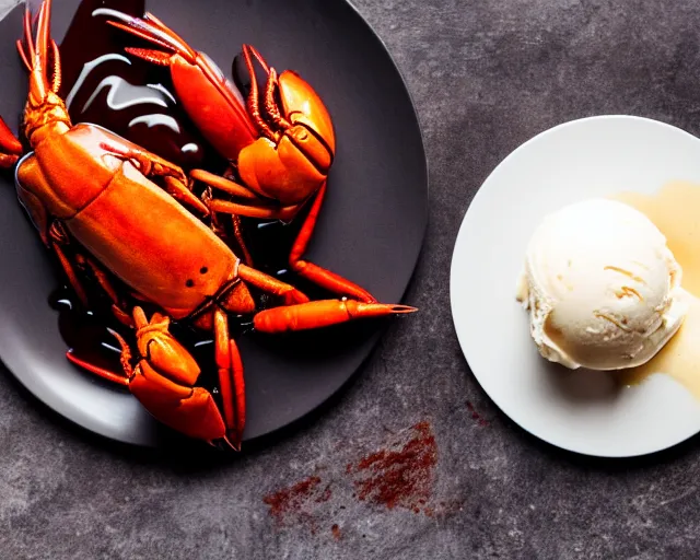 Image similar to dslr food photograph of a plate of vanilla ice cream with a crawfish, some chocolate sauce, 8 5 mm f 1. 4