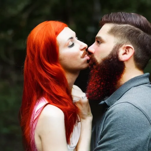 Image similar to a man with a dark well groomed beard gently slapping an attractive woman with straight red orange hair in the face with a lizard