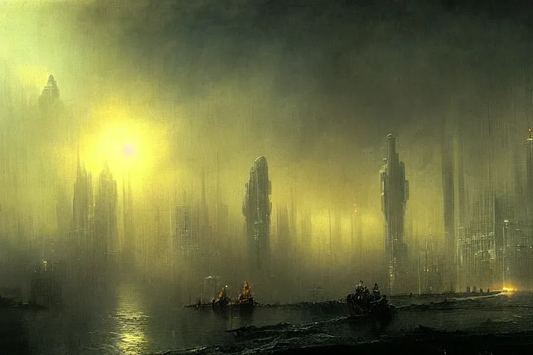 Prompt: Dystopian futuristic city by ivan aivazovsky