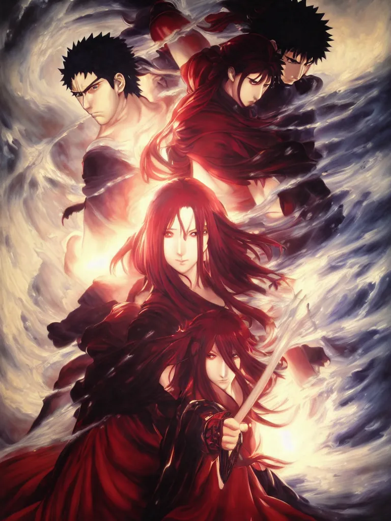 Image similar to baroque oil painting of kunoichi, rain, painting by makoto shinkai takashi takeuchi yoshiyuki sadamoto wlop and artgerm, fate stay night