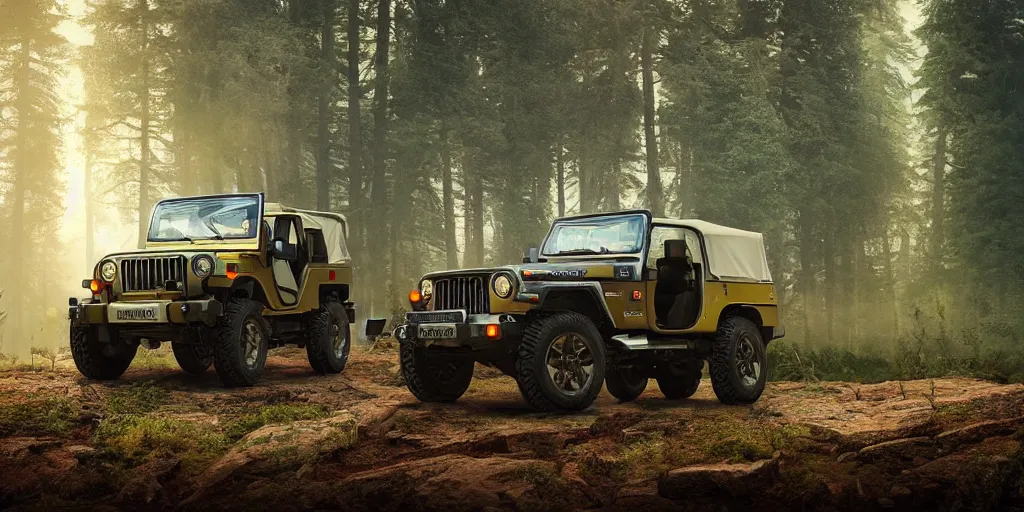 Image similar to Mahindra thar, in the forest, plants environment, wide angle, cinematic lighting, atmospheric, realistic, cinematic, octane render, highly detailed, color graded, in the style of simon stalenhag