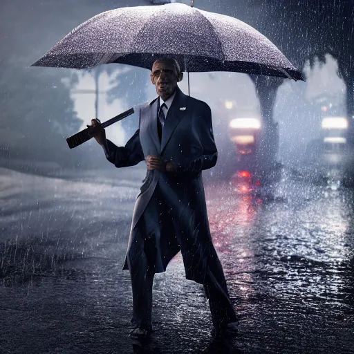 Image similar to Obama with a katana in rain ready to battle, 4k, 40nm lens, masterpiece, hyperrealistic, extreme details, unreal engine 5, cinematic,