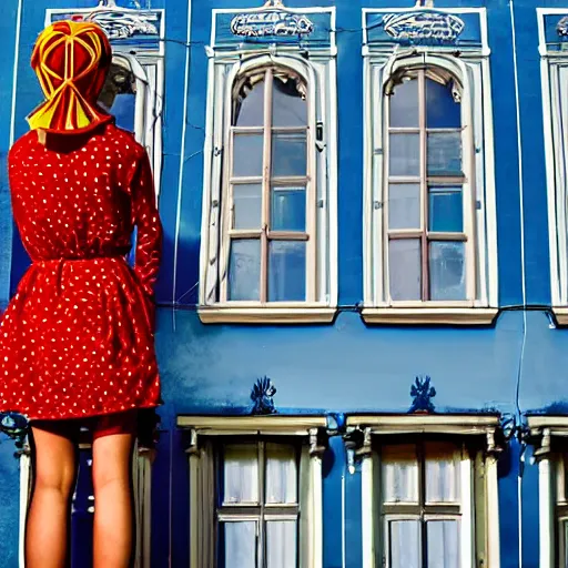 Image similar to giant flower head, girl standing by 1 9 6 0 window, surreal photography, symmetry, mid century, flat perspective, bright colours, blue sky, realistic, wes anderson