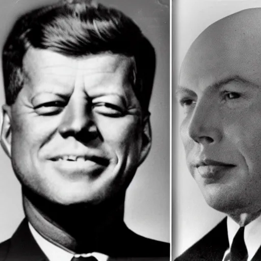 Image similar to portrait photo of bald john f kennedy and nikita kruschev next to each other, black and white, atmospheric lighting