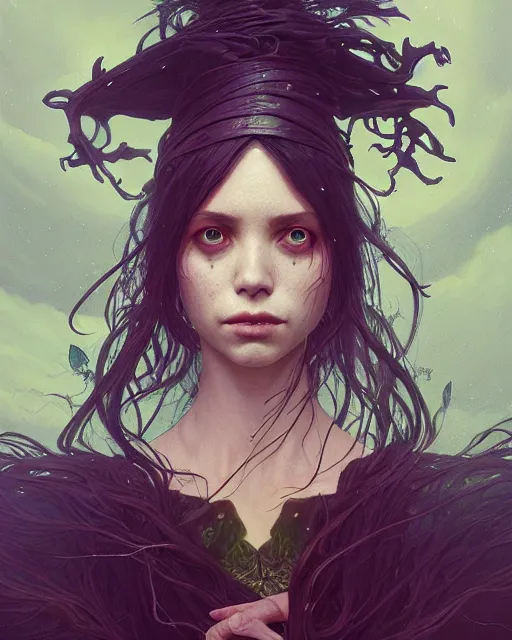 Image similar to highly detailed vfx - portrait of a witch, beautiful eyes, complex epic composition, unreal engine, greg rutkowski, only, once, people, makoto shinkai and louis van baerle, ilya kuvshinov, rossdraws, tom bagshaw, alphonse mucha, global lighting, detailed and complex environment, masterpiece