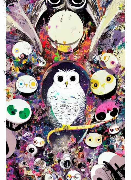 Image similar to arrogant elegant medium shot of white one - eyes owl dressed in samurai garment, pixiv fanbox, dramatic lighting, maximalist pastel color palette, splatter paint, pixar and disney exploded - view drawing, graphic novel by fiona staples and dustin nguyen, peter elson, alan bean, wangechi mutu, clean cel shaded vector art, trending on artstation