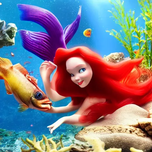 Image similar to ariel eating a fish dinner, hyper realistic, beautiful, 4 k, red hair, succulent, under water, banquet