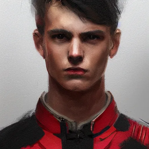 Image similar to Portrait of a man by Greg Rutkowski, he is about 20 years old, gallant, straight jaw, attractive, short brown hair with bangs, athletic and strong, he is wearing red and black utilitarian jumpsuit, highly detailed portrait, digital painting, artstation, concept art, smooth, sharp foccus ilustration, Artstation HQ.