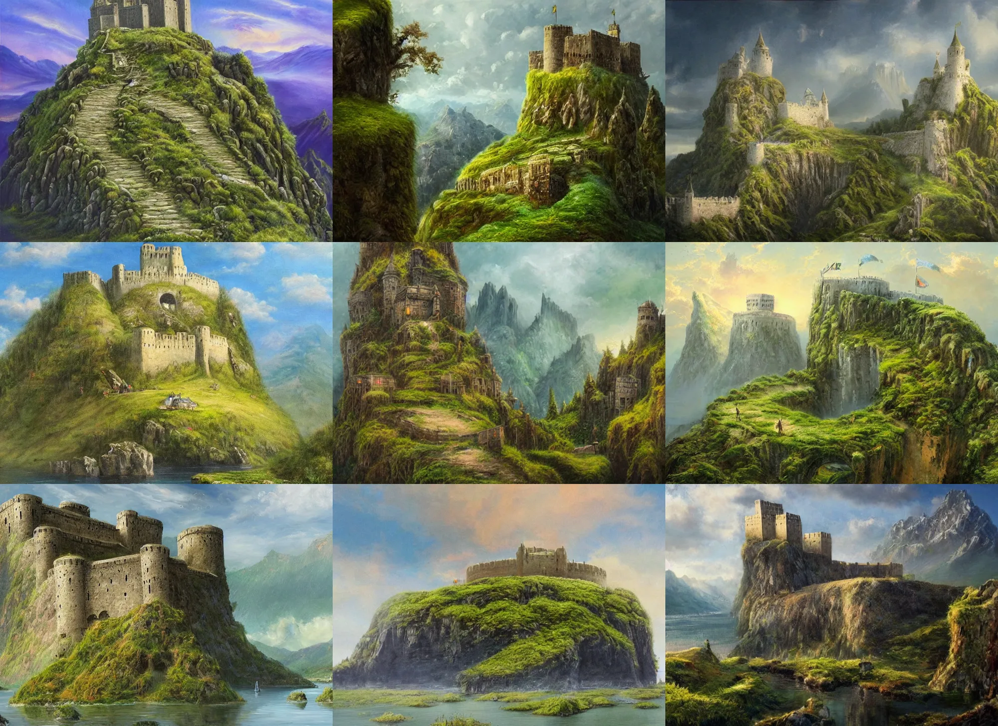 Prompt: beautiful painting of an enormous citadel, standing on the highest mountain of a floating island covered in moss