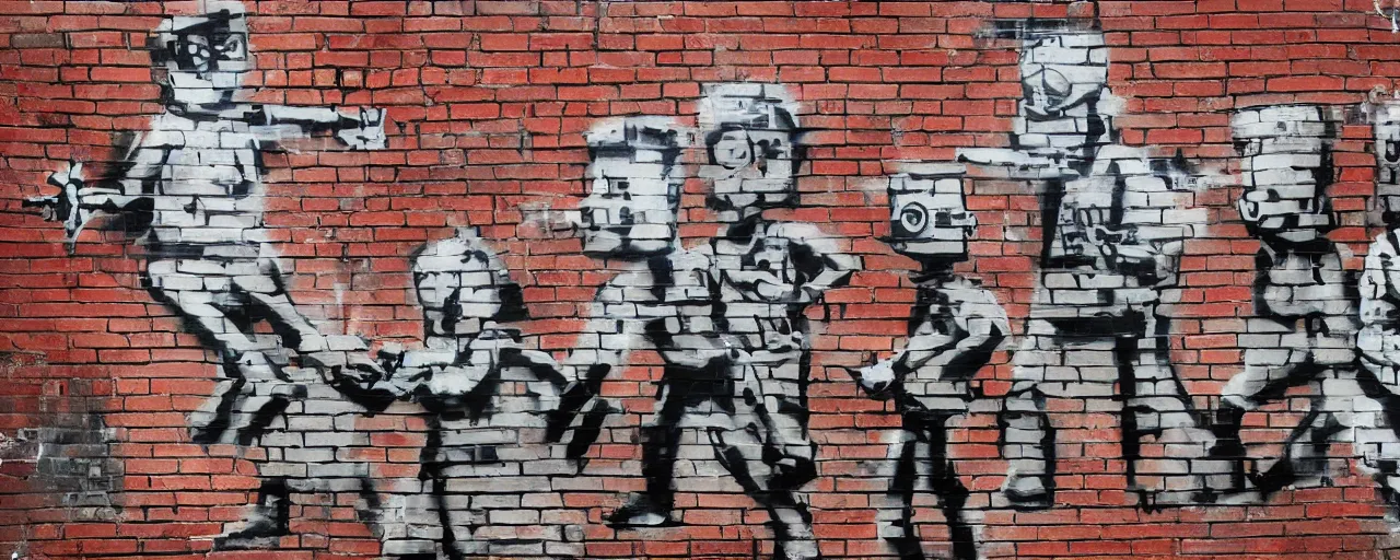 Prompt: a brick wall with banksy style graffity showing march of robots, hyperrealistic, 8k, trending on twitter