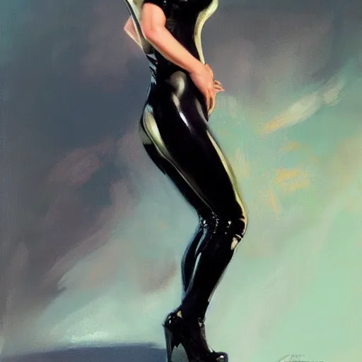 Image similar to greg manchess painting of of a female wearing a latex suit, painting, trending on artstation, by huang guangjian and gil elvgren and sachin teng