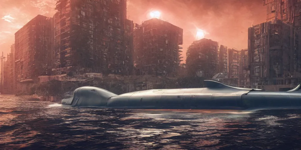 Image similar to highly detailed futuristic submarine warship with red and orange glow, on the background brutalist architecture by Le Corbusier, abandoned buildings, empty streetscapes, surrounded by lush green vegetation, ground-level view, puddles of water, stunning volumetric lighting, sunset, trending on Artstation, 8k, photorealistic, hyper detailed, unreal engine 5, cinematic, epic lighting, cryengine, octane render, cyberpunk, dark, gloomy