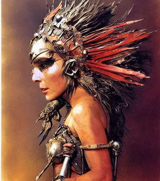 Image similar to princess of the wasteland, scrap metal headdress, strong line, deep color, high contrast, beautiful! coherent! by brian froud, by frank frazetta, low angle