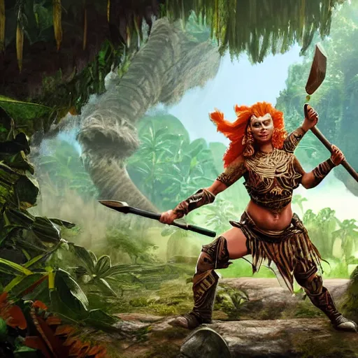 Image similar to armoured ginger dwaven women wielding a hammer and shield, jungle clearing, awesome floating mountain in the shape of a human heart. 4k realism landscape