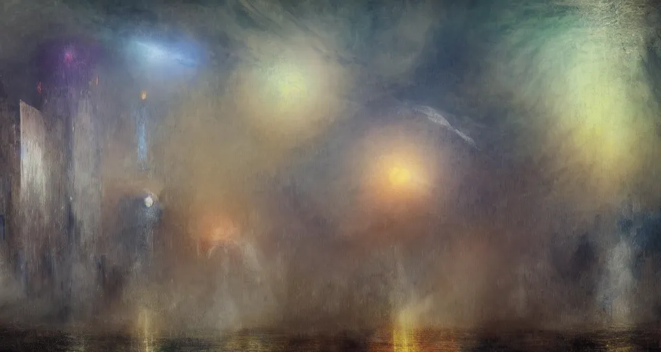 Image similar to Mech robot city under attack. By Joseph Mallord William Turner, fractal flame, highly detailded