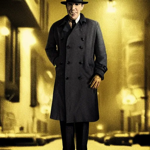 Image similar to a picture of a man with the face of humphrey bogart, wearing a 1 9 4 0's noire detective outfit with fedora and trench coat, standing in the streets of chicago at night, detailed unblurred face, 4 k octane render highly realistic digital painting