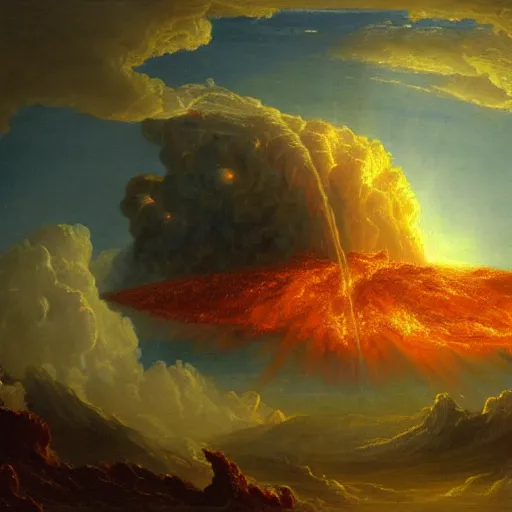 Prompt: An atom bomb explosion in Heaven, by Thomas Cole, oil on canvas, masterpiece, trending on ArtStation