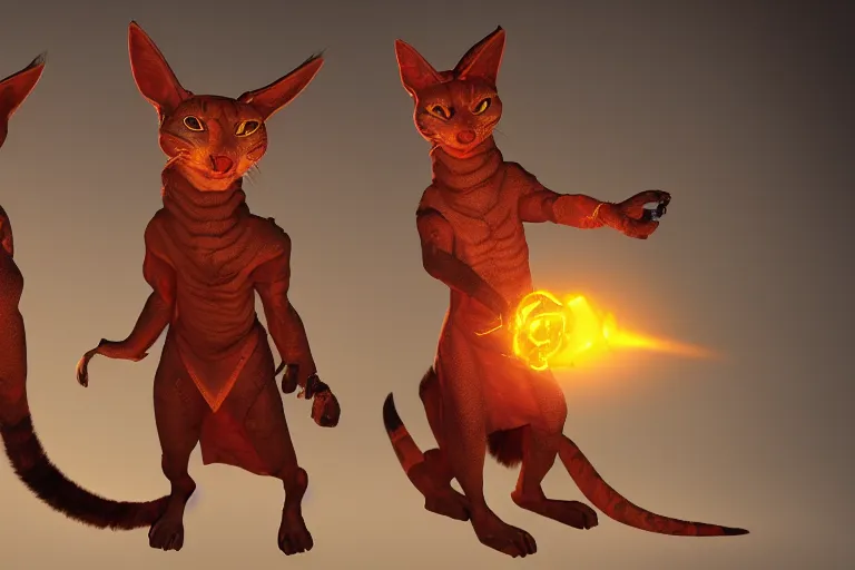 Image similar to hairless tabaxi dungeons and dragons wearing a golden robe. Evil red glowing eyes. Artstation, highly detailed, 8k