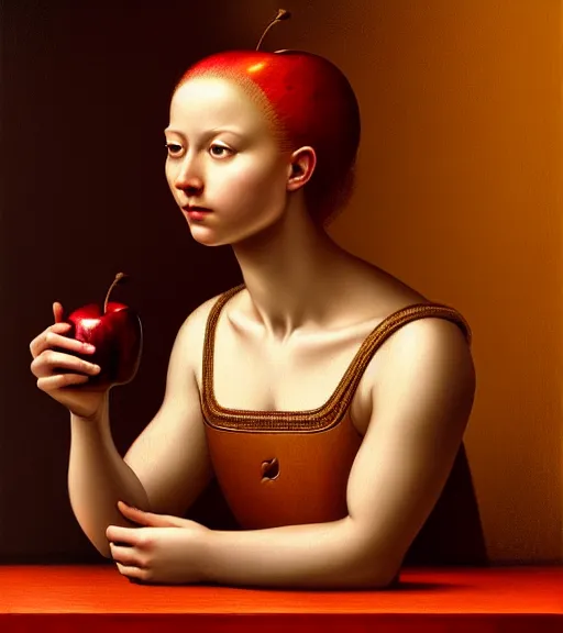 Image similar to portrait of an apple sitting upon a table with heightened detail, poised, intense emotion, detailed facial expression, detailed surroundings, intricate, elegant, highly detailed, centered, digital painting, artstation, concept art, smooth, sharp focus, illustration, by ( leonardo da vinci ), wlop