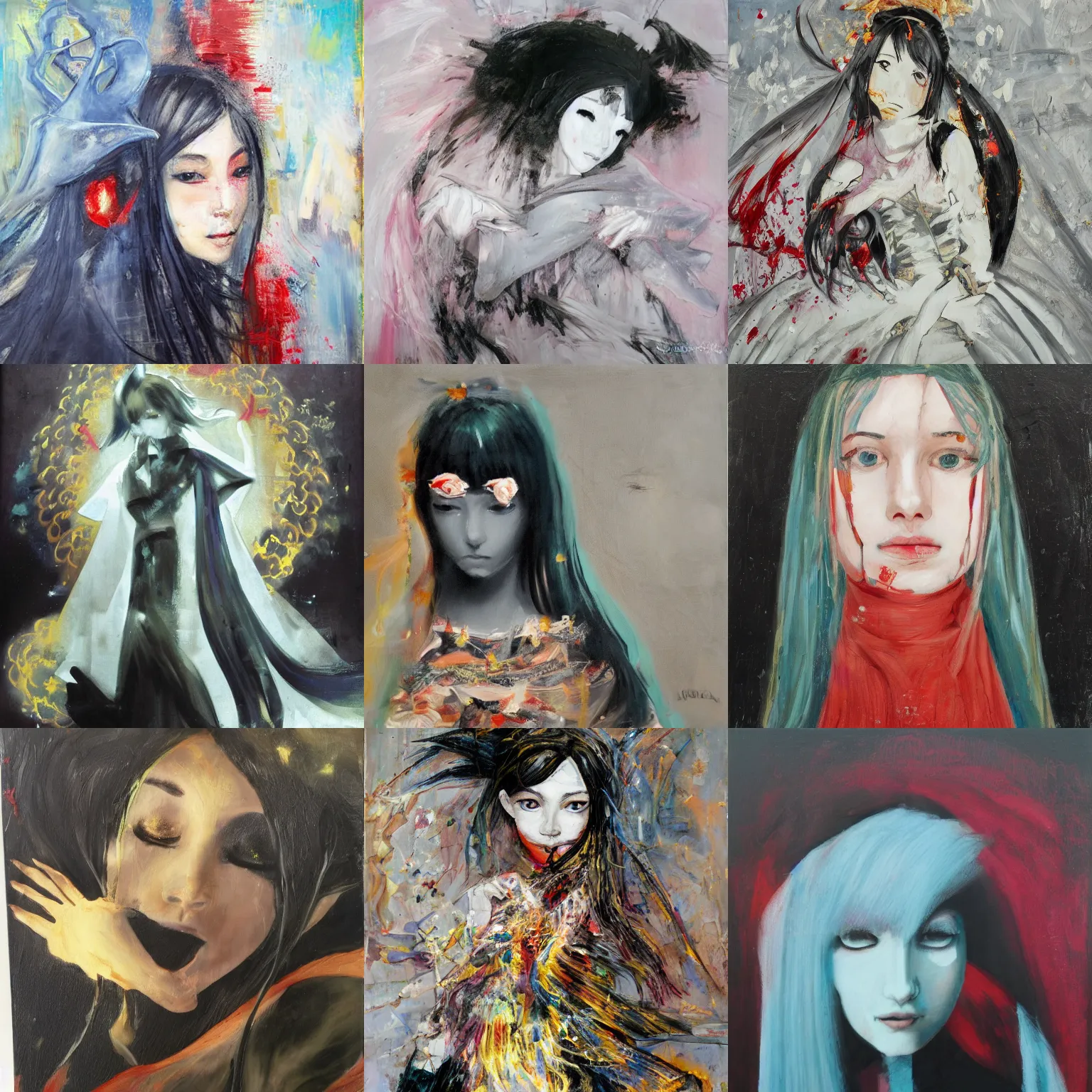 Prompt: , a very soft and dark haunting oil painting portait of hatsune miku in a black golden wedding dress, tachisme, scarlet background, by georges mathieu and antonio saura, tachisme, lyrical abstraction, action painting, ethereal, evil presence, haunted painting, tachisme, low lighting, georges mathieu, tachisme painting