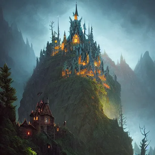 Image similar to an elven castle in the mountains, by peter mohrbacher and dan mumford and nekro, cgsociety, volumetric light, 3 d render