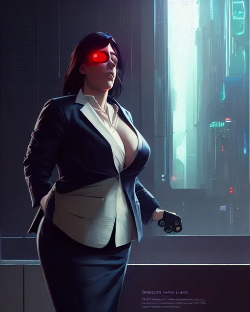 Image similar to cyberpunk corporate woman, overweight | | realistic shaded, fine details, realistic shaded lighting poster by greg rutkowski, diego gisbert llorens, magali villeneuve, artgerm, jeremy lipkin and rob rey