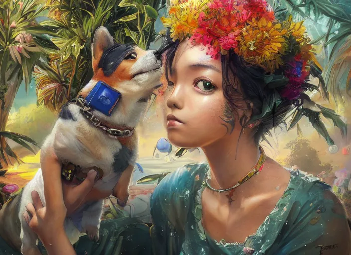 Prompt: beautiful anime painting of sunny Hiphop solarpunk summertime chill with corgi, by Tim Okamura, Victor Nizovtsev, Greg Rutkowski, Noah Bradley. trending on Artstation, 8k, masterpiece, graffiti paint, fine detail, full of color, intricate detail, golden ratio illustration