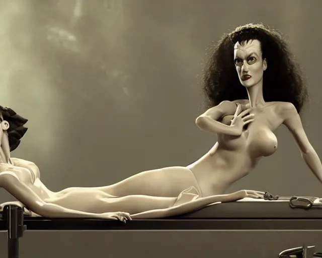 Prompt: phtorealistic modern pin up of monica bellucci as the bride of frankenstein posing an operating table, sexy, realistic, center, shallow focus background, detailed, 8 k, artstation, octane render, ambient lighting, serge birault