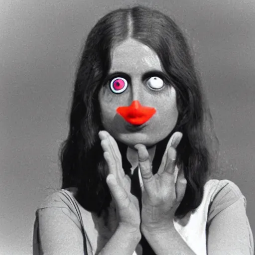 Image similar to woman with prosthetic nose enters an eyeball cult, 1973 live-action children's tv show, color