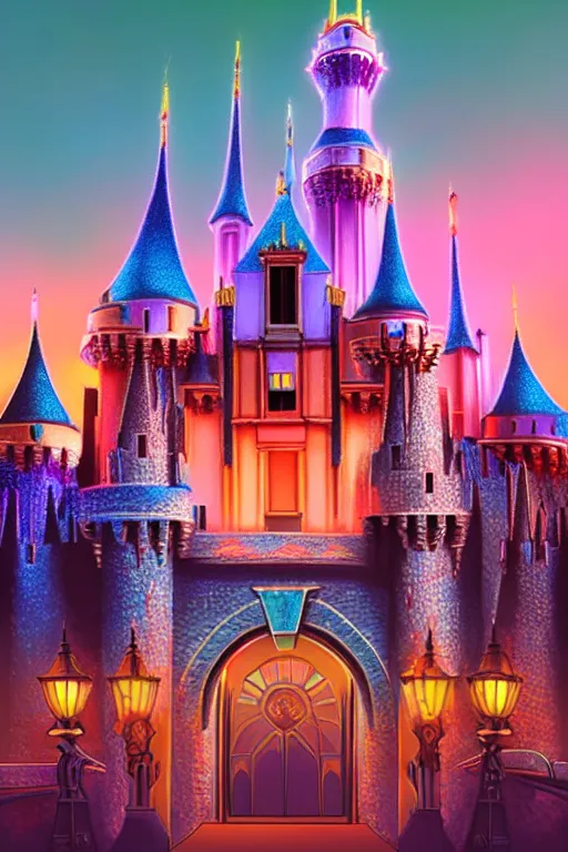 Image similar to concept art of disneyland castle, synthwave, sunset, fireworks, neon