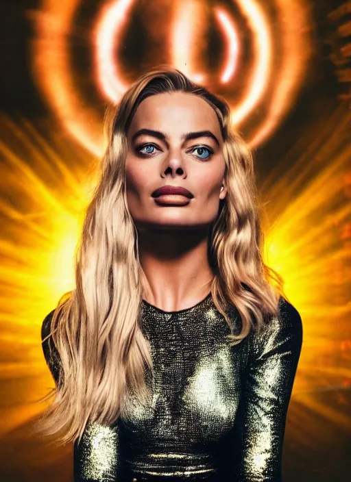 Image similar to beautiful Margot Robbie wearing a Cyberpunk outfit, accurate anatomy, abstract sun in background, shiny soft skin, soft lighting, sharp details, warm colors, full body portrait, 35 mm film, subsurface scattering, lens flare