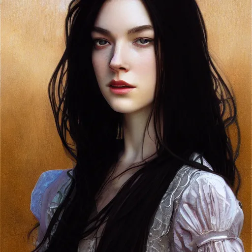 Image similar to portrait of teenage girl with long glossy black hair, glowing skin, delicate features, victoria wallace, stoya, fantasy, intricate, elegant, dress shirt and tie, highly detailed, digital painting, artstation, concept art, smooth, sharp focus, illustration, art by Krenz Cushart and Artem Demura and alphonse mucha