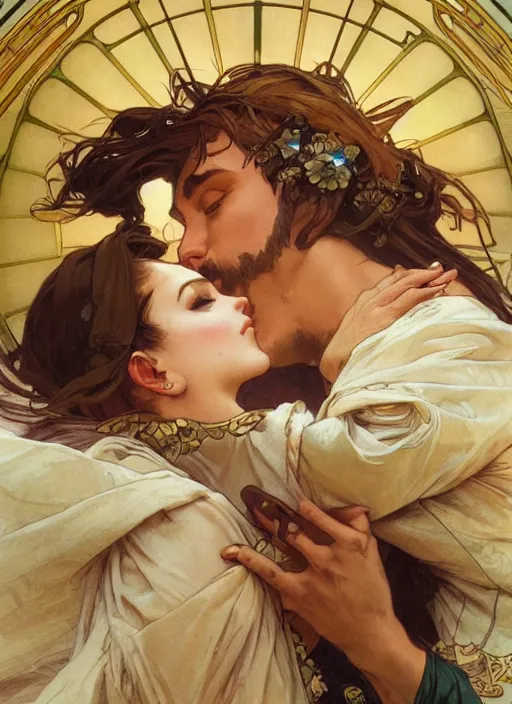 Prompt: a kiss. close up on highly detailed faces. painting by artgerm and greg rutkowski and alphonse mucha.