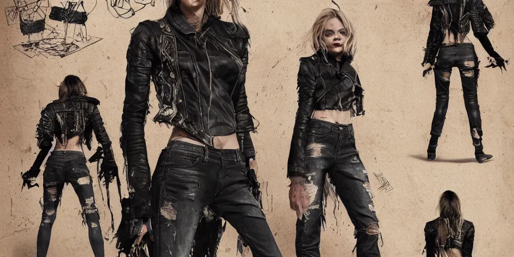 Prompt: samara weaving as a wanderer with tattooed neck, wearing a scratched leather and ripped leather jeans, wearing a short black jacket with a colorful stamp on its back, character sheet, fine details, props, concept design, contrast, kim jung gi, greg rutkowski, trending on artstation, 8 k, full body, turnaround, front, back, ultra wide angle