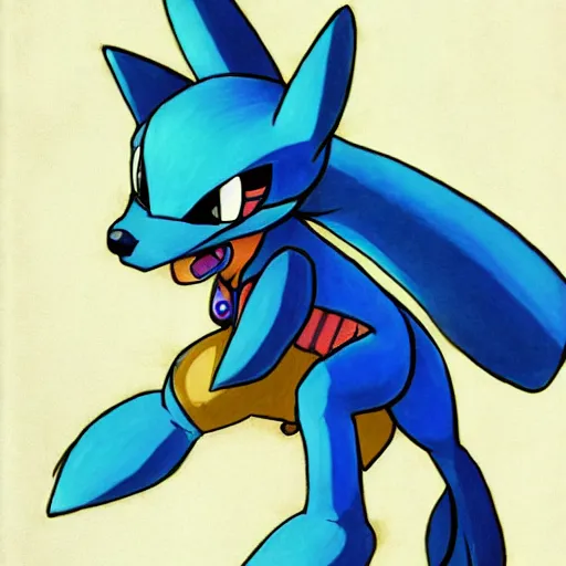 Image similar to Lucario from Pokemon drawn in Kazuma Kaneko's art style, high detail,