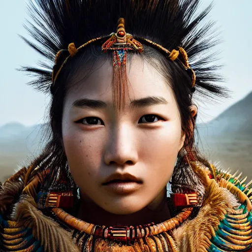 Image similar to portrait of a stunningly beautiful asian steppes tribal female, depth of field, zeiss lens, detailed, symmetrical, centered, fashion photoshoot, by Annie Leibovitz and Steve McCurry, David Lazar, Jimmy Nelsson, Breathtaking, 8k resolution, extremely detailed, beautiful, establishing shot, artistic, hyperrealistic, beautiful face, octane render