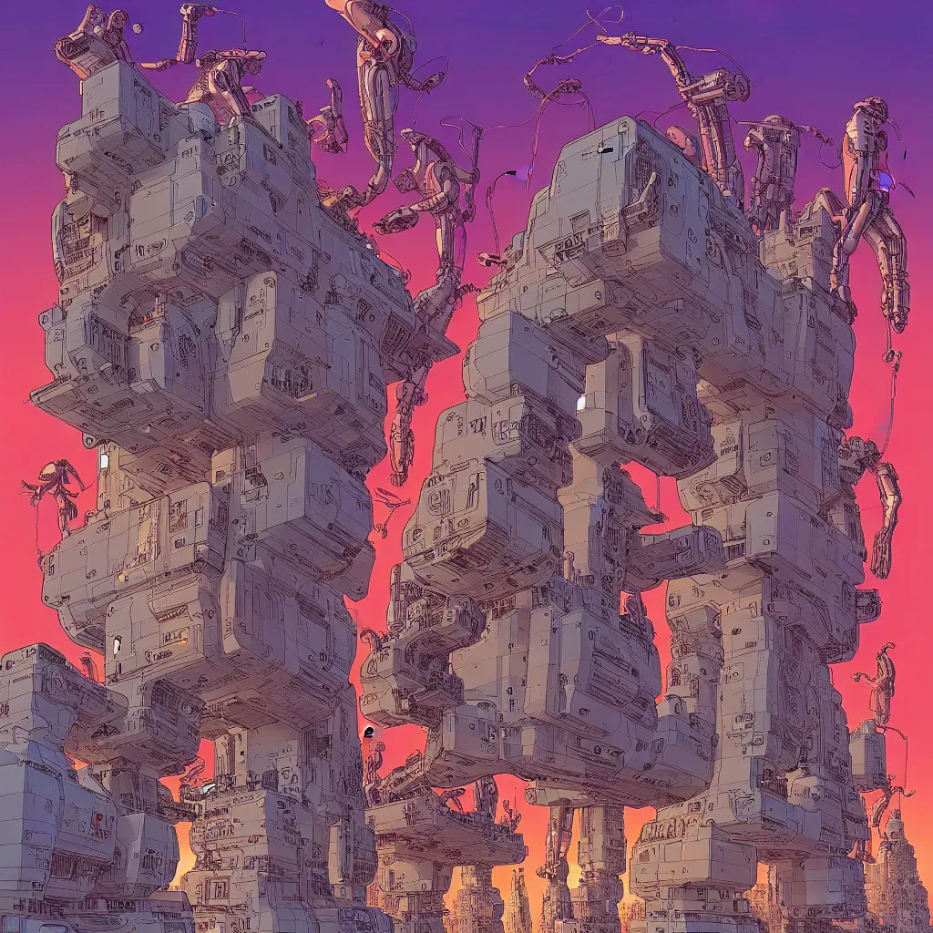 Prompt: a illustration of giants cyborgs building futuristic house, fine art, intrincate, by moebius, jean giraud & kilian eng