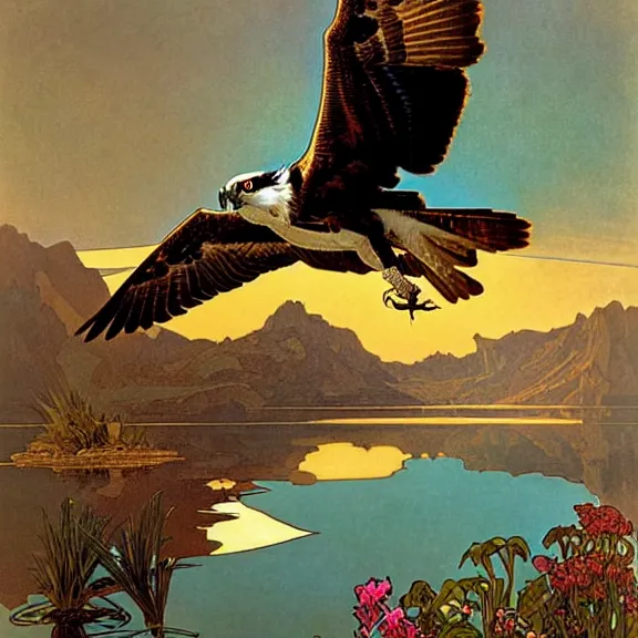 Prompt: an osprey in flight over a spectacular mountain lake at golden hour. art nouveau. surrealism. incredibly beautiful digital art. by alphonse mucha and julie dillon.