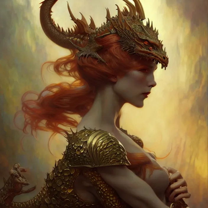 Image similar to dragon queen, diffuse lighting, fantasy, intricate, elegant, highly detailed, lifelike, photorealistic, digital painting, artstation, illustration, concept art, smooth, sharp focus, art by john collier and albert aublet and krenz cushart and artem demura and alphonse mucha