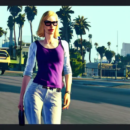 Image similar to cate blanchett in GTA v. Los Santos in the background, palm trees. In the art style of Stephen Bliss.