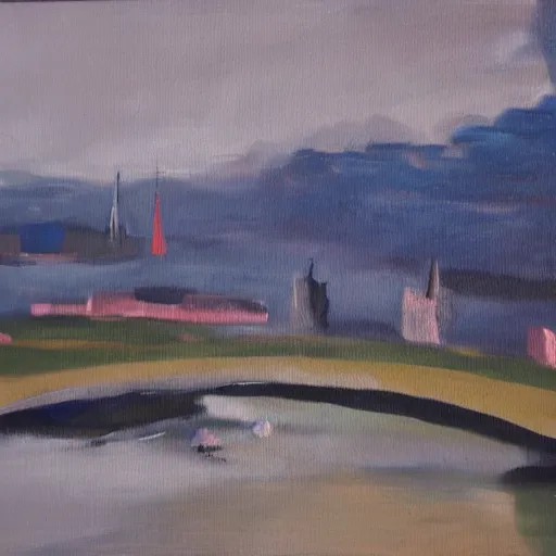 Image similar to very abstract painting of the rhine in basel, very rough brush strokes and splatters, oil on canvas, muted colors, great composition